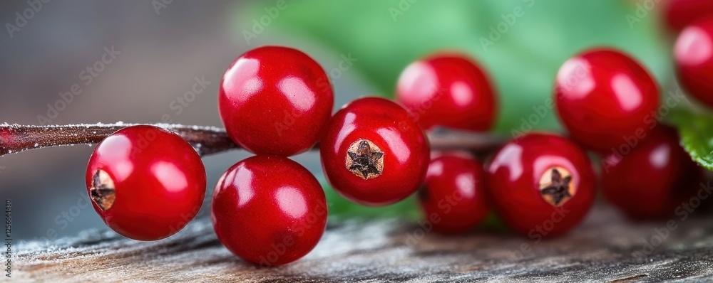 Vibrant red berries with green leaves on rustic wooden surface Vibrant red berries with green leaves on rustic wooden surface