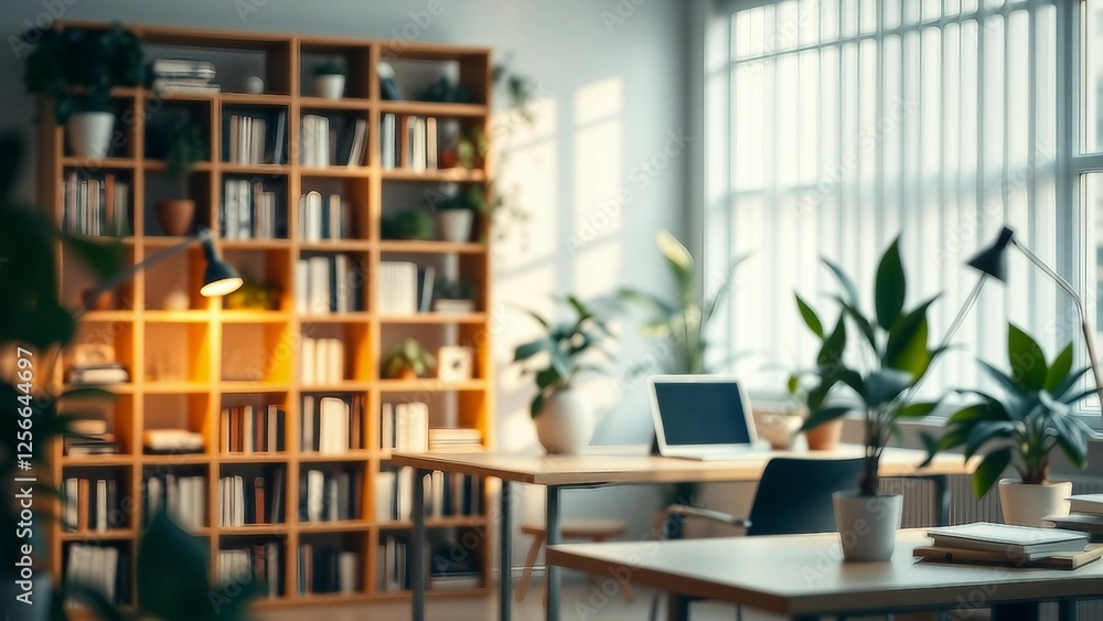 A zoom background photo of a minimalist modern office with a bookshelf and plants A zoom background photo of a minimalist modern office with a bookshelf and plants