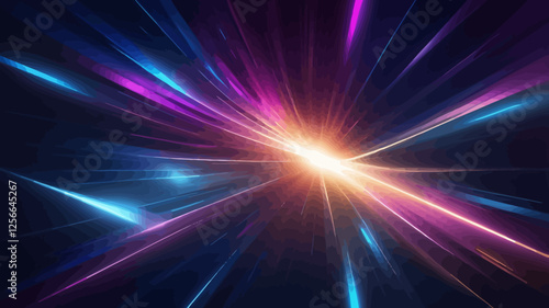 Cosmic Explosion: A dazzling cosmic explosion erupts in a burst of vibrant energy, radiating outward with beams of bright blue and purple light against a dark background.