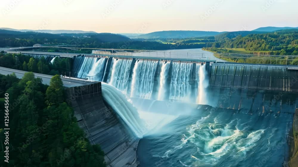 Majestic hydroelectric dam releasing powerful water flow amidst lush green landscape and serene sky backdrop Majestic hydroelectric dam releasing powerful water flow amidst lush green landscape and serene sky backdrop