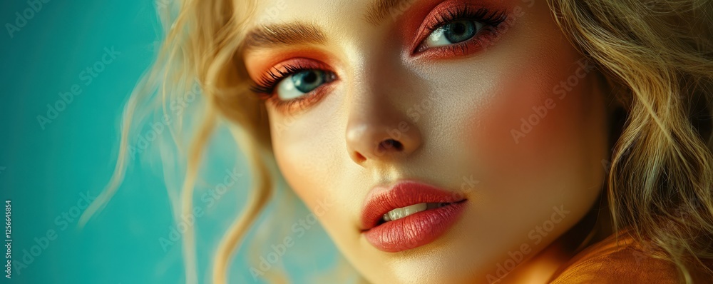 Fototapeta premium Close-up of young caucasian female with vibrant makeup and blonde hair