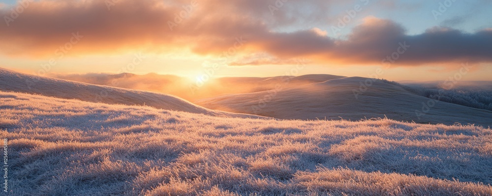 Winter sunrise over frost-covered hills with golden clouds