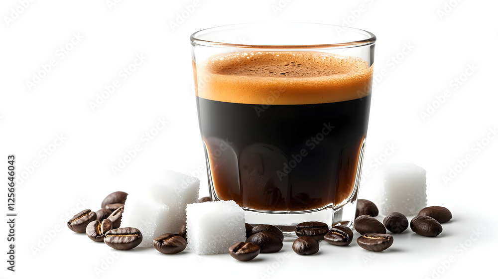 A close-up of a rich espresso served in a glass, accompanied by sugar cubes and roasted coffee beans. A close-up of a rich espresso served in a glass, accompanied by sugar cubes and roasted coffee beans.