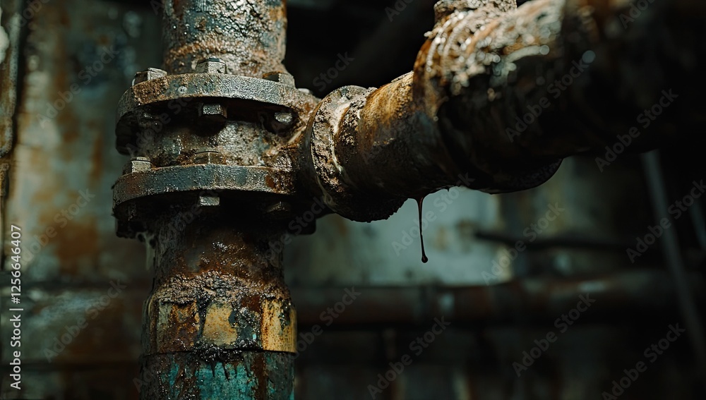 Severely Corroded Industrial Piping System, Showing Extensive Accumulation of Sludge and Leaks, Highlighting the Urgent Need for Maintenance and Repair Severely Corroded Industrial Piping System, Showing Extensive Accumulation of Sludge and Leaks, Highlighting the Urgent Need for Maintenance and Repair