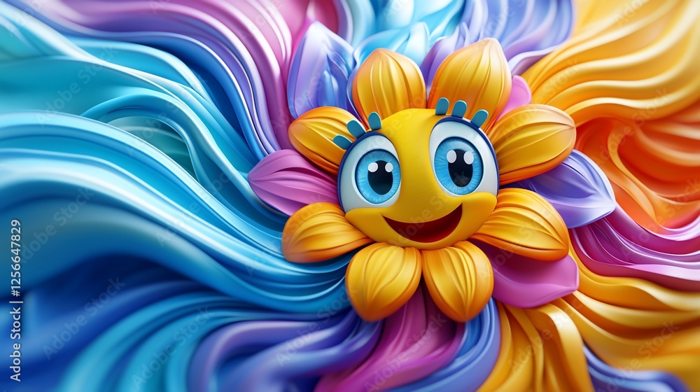 Naklejka premium Colorful animated flower character smiling amidst vibrant swirling colors in a cheerful scene