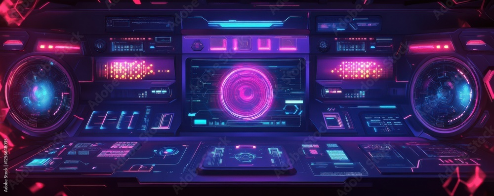 Fototapeta premium Futuristic control panel with neon lights and holographic displays