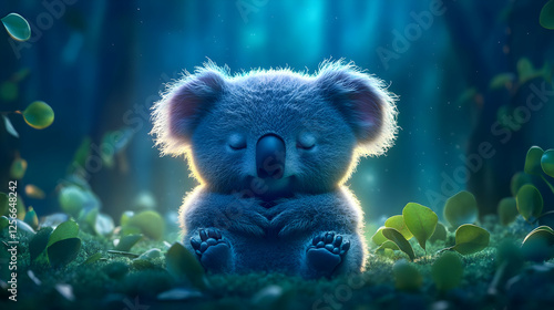 A cute koala resting in a serene forest with glowing light, surrounded by lush greenery and tranquility.