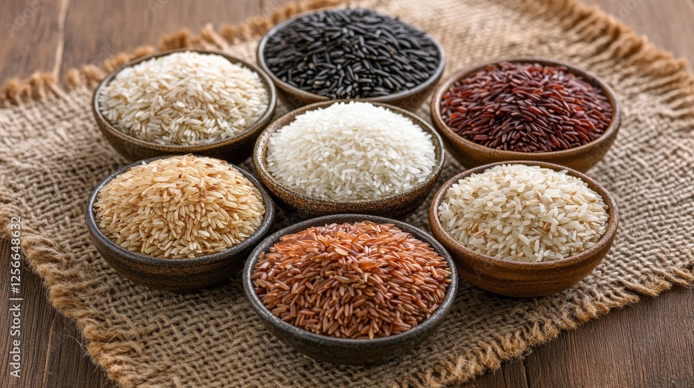 Mixed rice varieties in small bowls on a textured cloth, highlighting diversity and texture of different rice types. Ideal for food variety showcases and ingredient comparisons. Mixed rice varieties in small bowls on a textured cloth, highlighting diversity and texture of different rice types. Ideal for food variety showcases and ingredient comparisons.