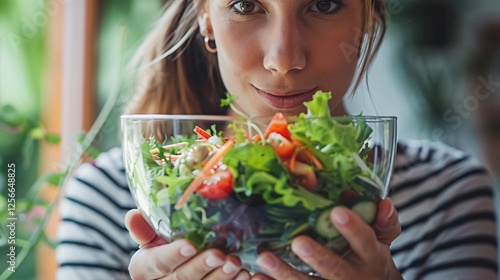 Young woman happily holds a bowl of fresh salad, savoring the healthy scent