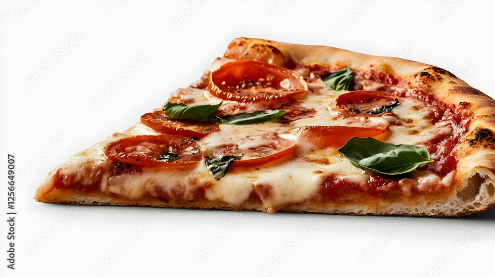 A delicious slice of pizza topped with fresh tomatoes and basil on a white background. A delicious slice of pizza topped with fresh tomatoes and basil on a white background.