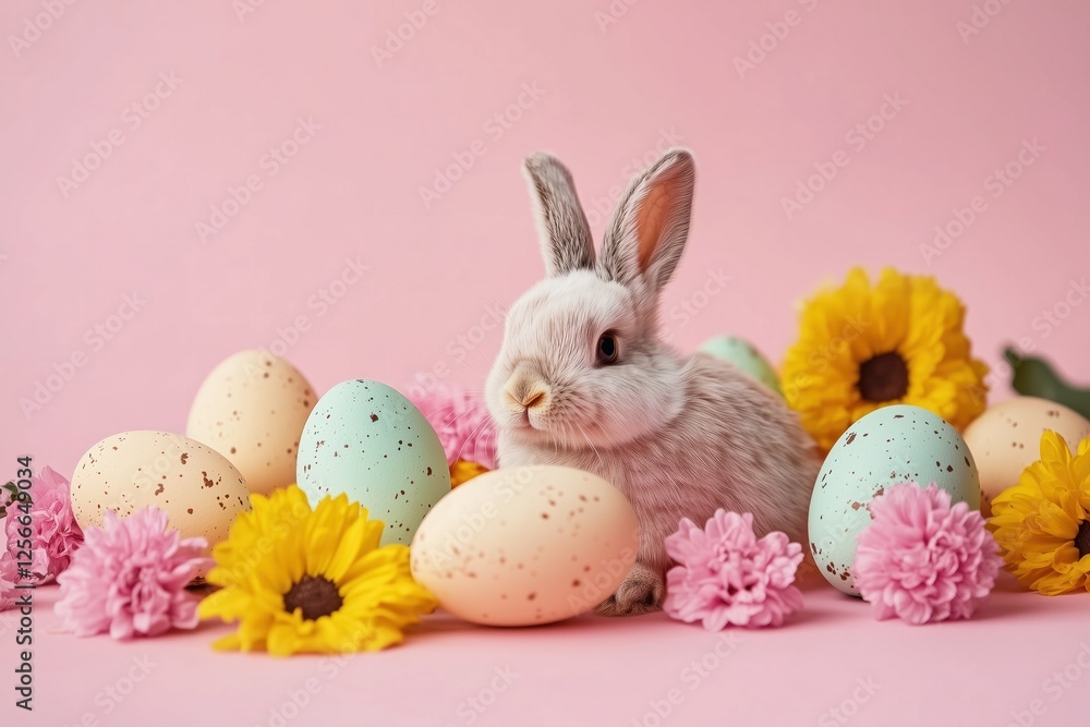 Cute easter bunny sitting near colorful eggs and flowers on pink background Cute easter bunny sitting near colorful eggs and flowers on pink background