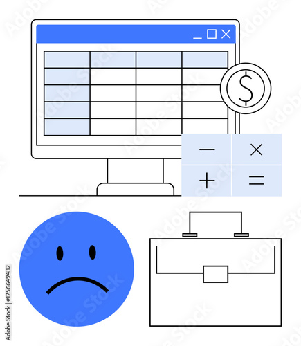 Spreadsheet monitor, currency symbol, calculator panel, sad face, and briefcase. Ideal for budgeting, financial struggles, debt, economic downturn job loss money management abstract line flat