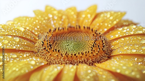 Close-up of a vibrant sunflower covered in water droplets against a soft background