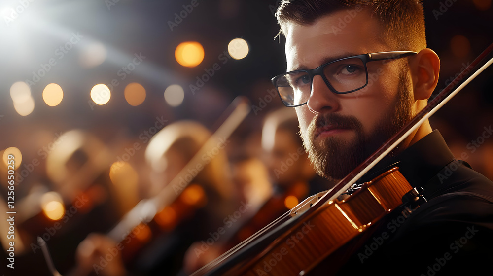 Fototapeta premium A focused musician playing the violin in an orchestra, surrounded by soft lights and a captivated audience.