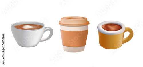 Hot and cold coffee beverage 3D illustrations set. Different types of drinks. Espresso, americano cup, cappuccino
