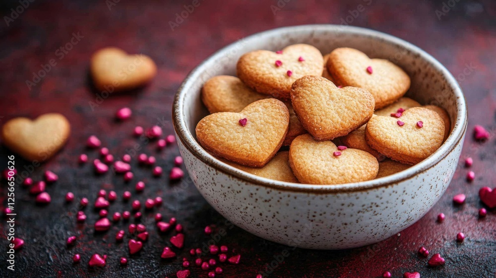 A Delicate Bowl of Heart-Shaped Cookies with Colorful Sprinkles Set Against a Dark Rustic Background for Sweet Treats and Baking Inspiration A Delicate Bowl of Heart-Shaped Cookies with Colorful Sprinkles Set Against a Dark Rustic Background for Sweet Treats and Baking Inspiration