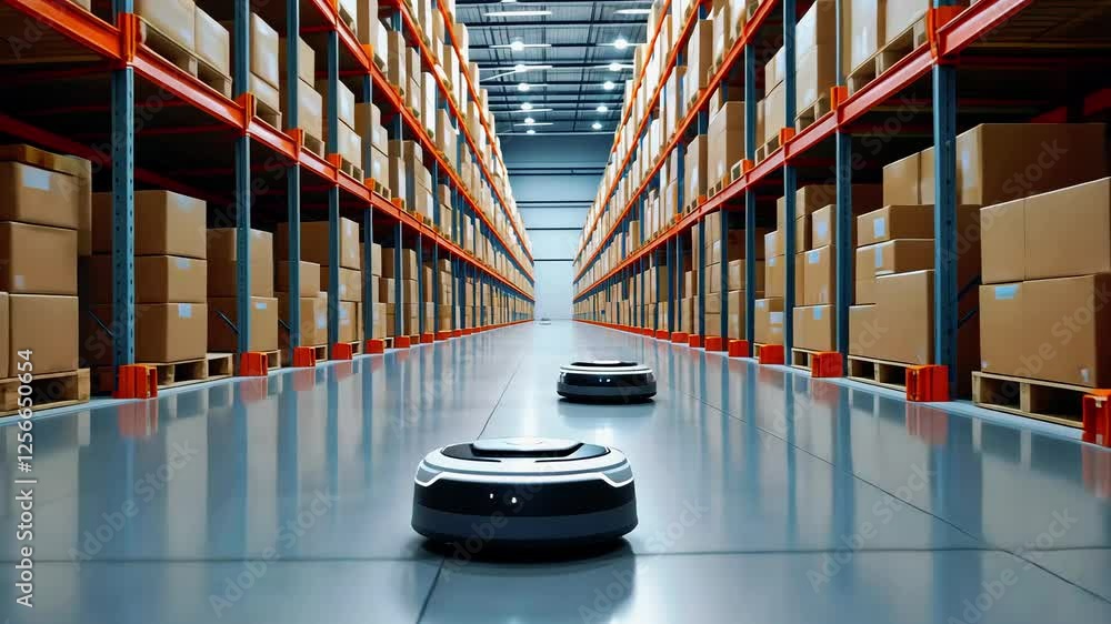 Autonomous robots navigating through a modern warehouse filled with ...