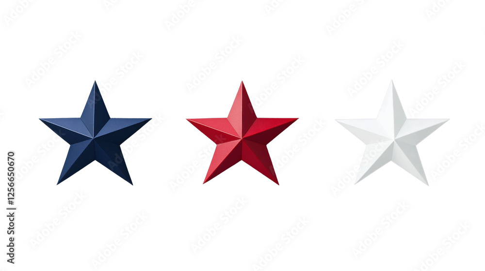 Red, white and blue realistic metallic stars on transparent background