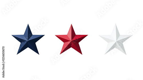 Red, white and blue realistic metallic stars on transparent background
