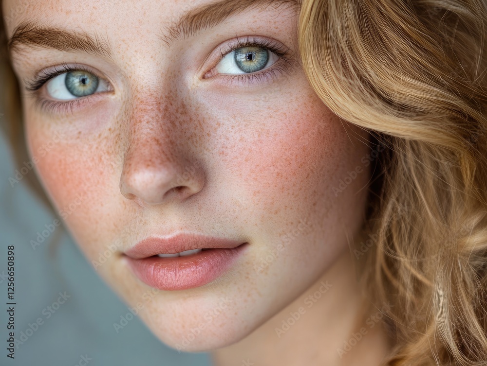 Obraz premium Close-up portrait of a beautiful young woman with freckles and blue eyes