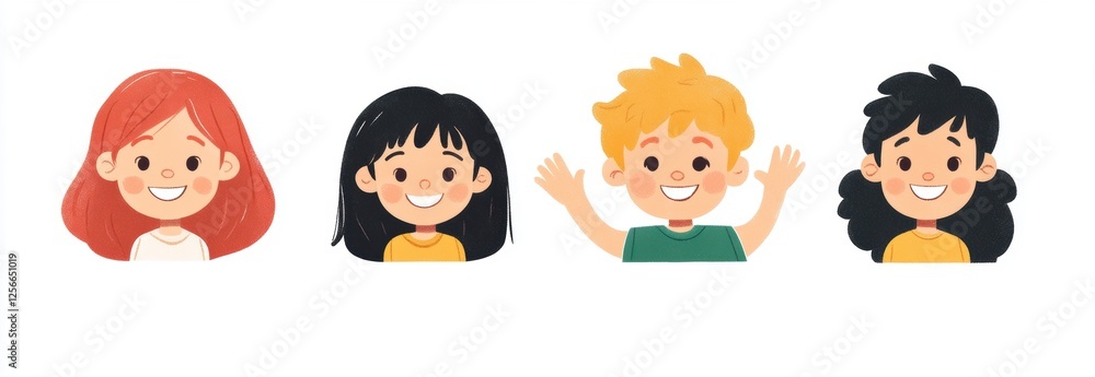 cute cartoon children, two boys and two girls, smiling and waving against a white background with white space in the middle of each character's body, and no borders Generative AI cute cartoon children, two boys and two girls, smiling and waving against a white background with white space in the middle of each character's body, and no borders Generative AI