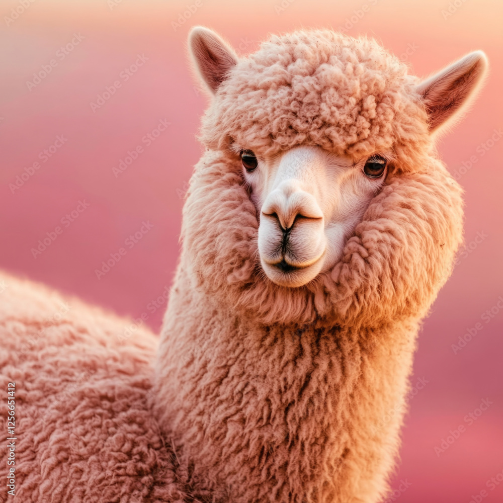 Stunning pink alpaca poses gracefully against a soft pink backdrop
