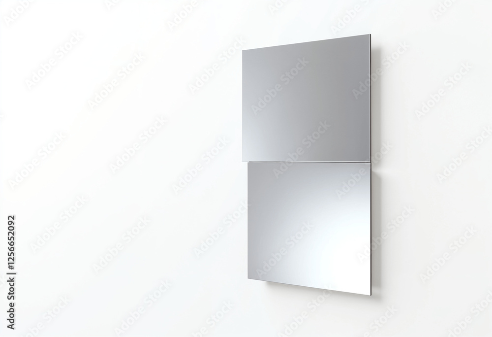 A contemporary design featuring two rectangular mirrors stacked vertically on a white wall. Clean lines and simple elegance create a modern aesthetic. A contemporary design featuring two rectangular mirrors stacked vertically on a white wall. Clean lines and simple elegance create a modern aesthetic.