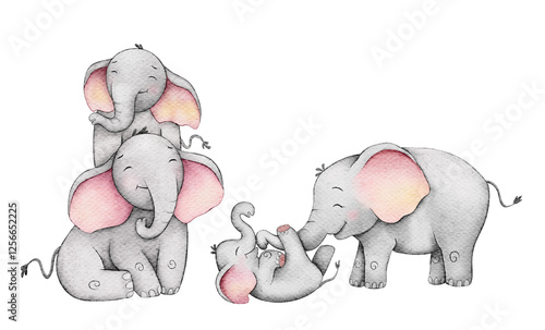 Photography Playful baby elephants enjoy interacting with their family in a joyful illustrat