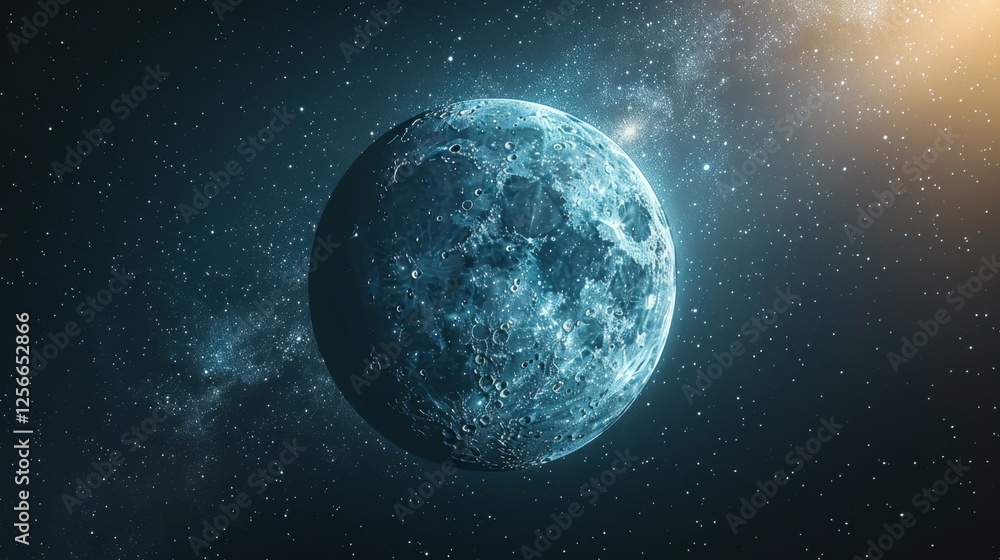 Fototapeta premium Blue moon glowing in dark starry sky with soft misty clouds creating mystical atmosphere concept of astrology service, lunar calendar, fantasy art