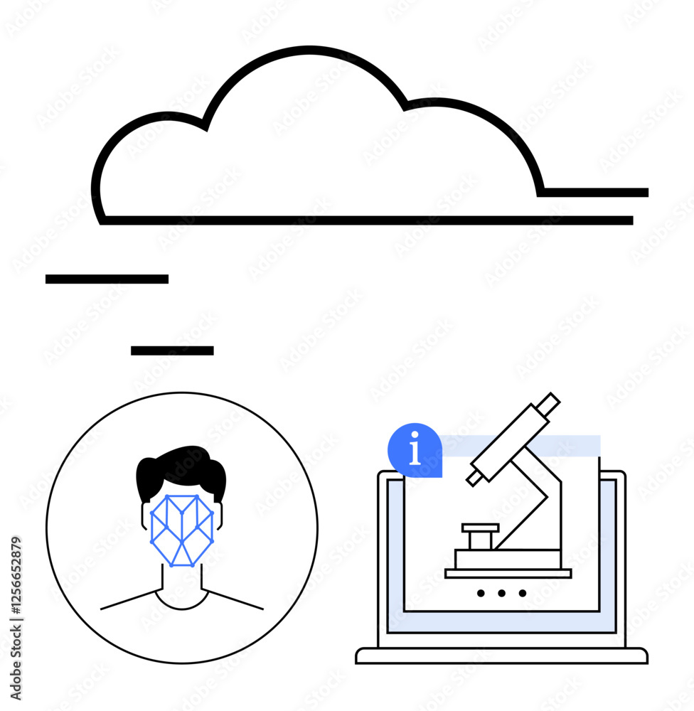 Cloud icon, face with biometric grid, laptop with microscope. Ideal for AI, biometric security, data science, cloud storage, scientific research, technology abstract line flat metaphor Cloud icon, face with biometric grid, laptop with microscope. Ideal for AI, biometric security, data science, cloud storage, scientific research, technology abstract line flat metaphor