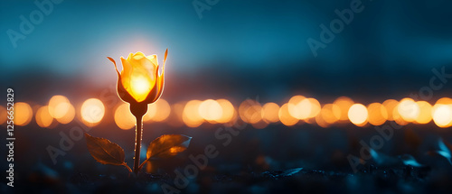 A glowing rose illuminated among soft bokeh lights, symbolizing beauty and warmth in a tranquil setting.