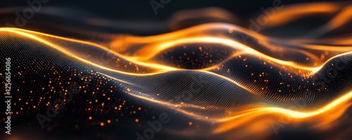 Flowing orange waves with glowing particles in abstract digital art photo