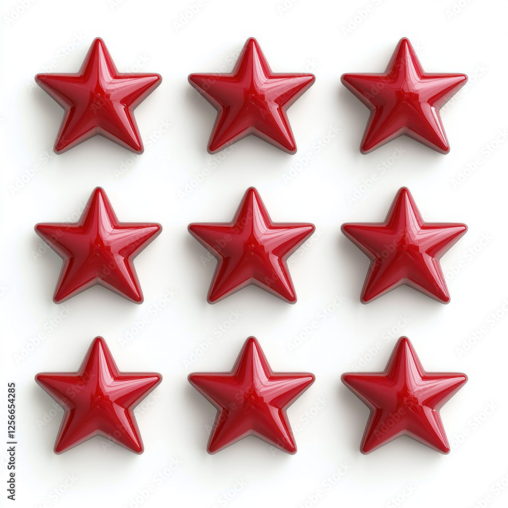 Group of shiny red star icons arranged in grid, perfect for ratings or decoration Group of shiny red star icons arranged in grid, perfect for ratings or decoration