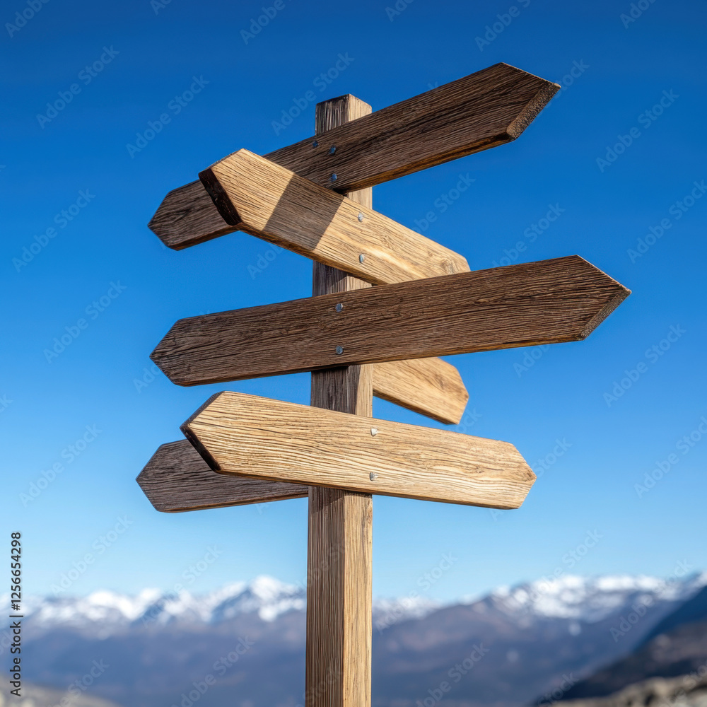 Wooden signpost with multiple arrows pointing in different directions against clear blue sky, evoking sense of adventure and exploration Wooden signpost with multiple arrows pointing in different directions against clear blue sky, evoking sense of adventure and exploration