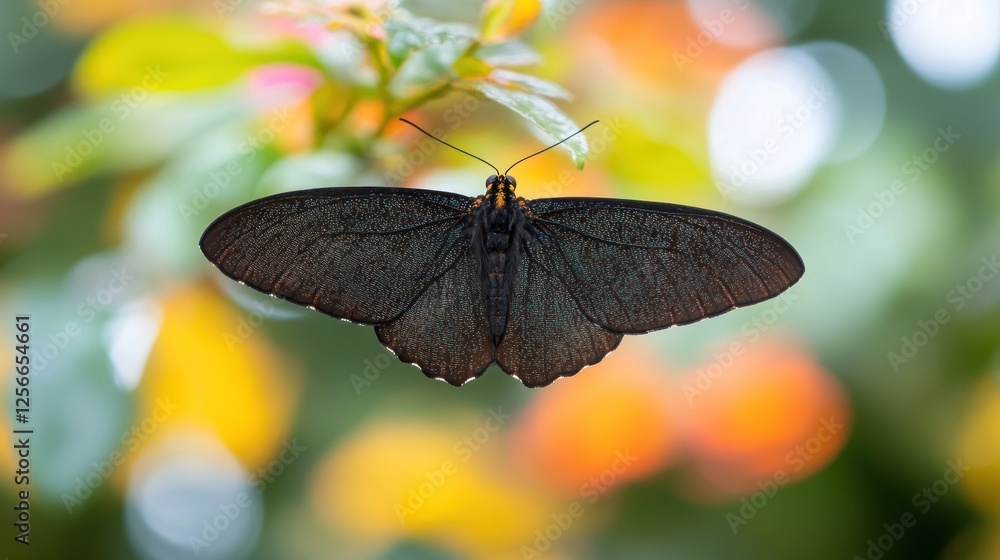 Obraz premium Dark butterfly perched on leaf, garden bokeh background, nature photography, stock image