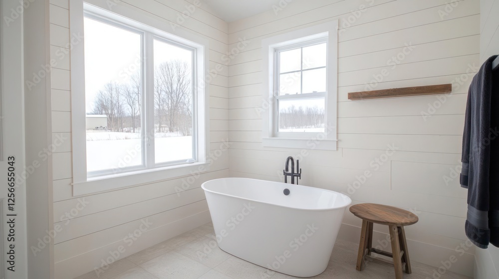 Modern Minimalist Bathroom With Large Windows And Wooden Accents Modern Minimalist Bathroom With Large Windows And Wooden Accents
