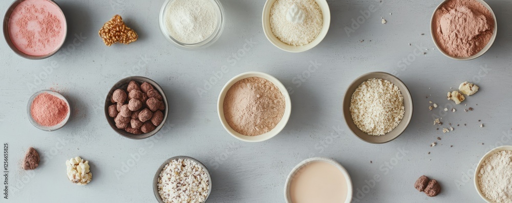 Assortment of various powdered ingredients and snacks on light gray surface Assortment of various powdered ingredients and snacks on light gray surface