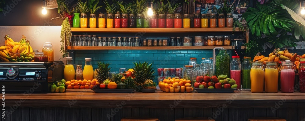 Vibrant juice bar with fresh fruits and colorful smoothies displayed on wooden counter Vibrant juice bar with fresh fruits and colorful smoothies displayed on wooden counter