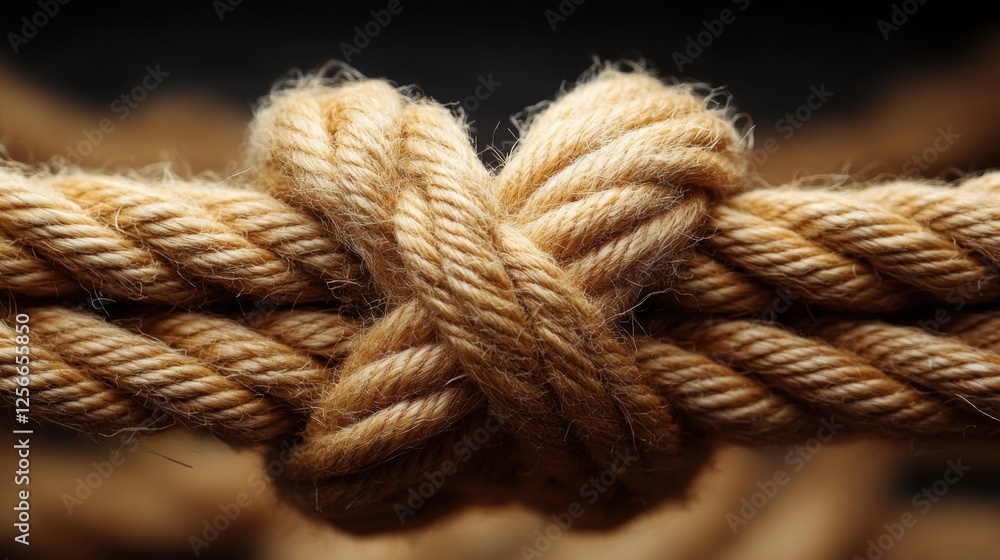 Close-up of a Decorative Knot Tied in Natural Fiber Rope Against a Dark Wood Background, Showcasing Texture and Detail in a Sophisticated Arrangement Close-up of a Decorative Knot Tied in Natural Fiber Rope Against a Dark Wood Background, Showcasing Texture and Detail in a Sophisticated Arrangement