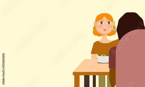 Woman eating healthy food vector illustration with room for text, space for text