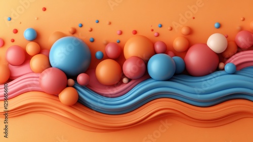 Vibrant Abstract Geometric Shapes in Soft Pastel Colors for Creative Design, Featuring Fluid Waves and Playful Spheres in a Colorful Festival Setting