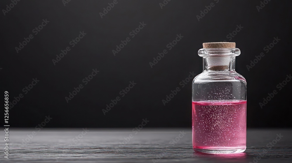 Pink Potion In Glass Bottle On Dark Wooden Table