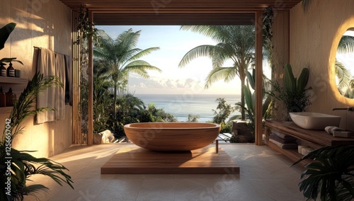 Luxury Tropical Bathroom with Ocean View:  A serene escape designed for ultimate relaxation and rejuvenation, boasting stunning natural light and breathtaking panoramic views.