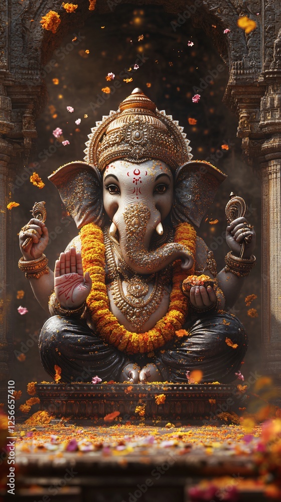 Fototapeta premium Ganesh Statue in Indian Temple with Sacred Ornaments, Color Splashes, and Traditional Decor. Copy space. Generative AI