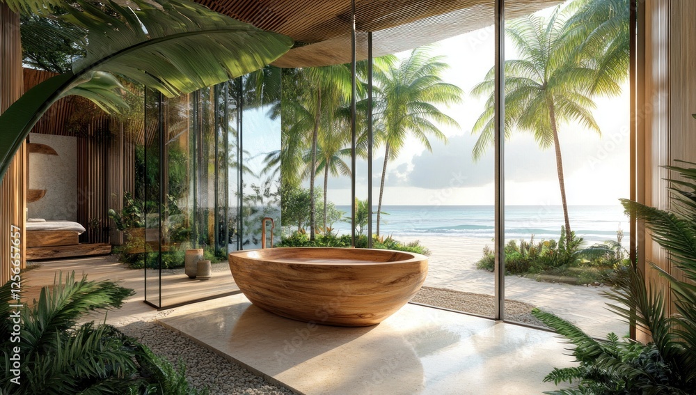 Fototapeta premium Luxury Tropical Bathroom with Ocean View: Wooden Tub and Palm Trees