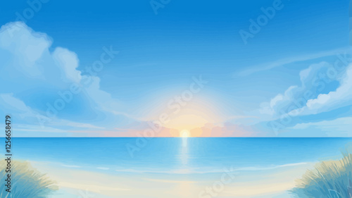 Seascape Serenity: A vibrant painted depiction of a serene seascape, with the warm glow of the sunrise over the horizon casting long shadows across the gently rippling waves and sandy shore.  