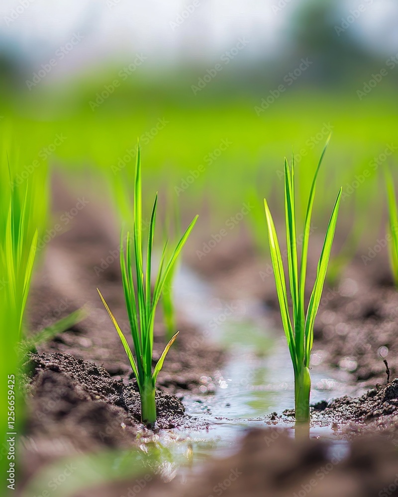 Young rice plant seedlings in a nursery. Emphasizing growth and the beginning of the cultivation process. Ideal for agricultural studies and environmental education. Young rice plant seedlings in a nursery. Emphasizing growth and the beginning of the cultivation process. Ideal for agricultural studies and environmental education.