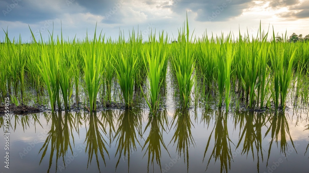 Fototapeta premium Lush green rice plants in a flooded paddy field. Showcasing the cultivation process and agricultural beauty. Ideal for agricultural magazines and educational materials.