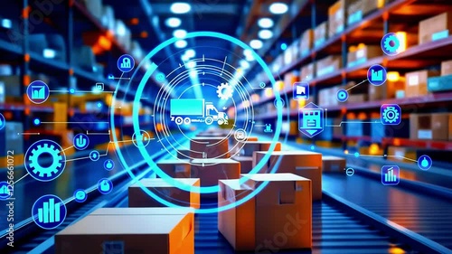 Digital representation of logistics and supply chain management in a warehouse with boxes and technology