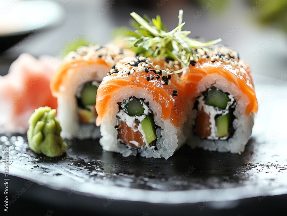 Beautifully arranged sushi platter with rice, fish, and vegetables. Highlighting the artistry and detail of Japanese cuisine. Ideal for food blogs and culinary magazines. Beautifully arranged sushi platter with rice, fish, and vegetables. Highlighting the artistry and detail of Japanese cuisine. Ideal for food blogs and culinary magazines.